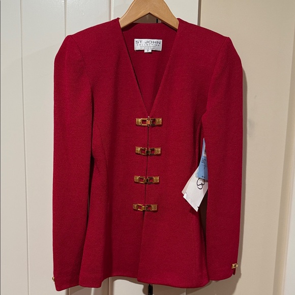 NWT St. JOHN Two Piece Suit Jacket 2 Skirt 6 ~ Red w/Gold Hardware Santana Knit - Picture 3 of 17